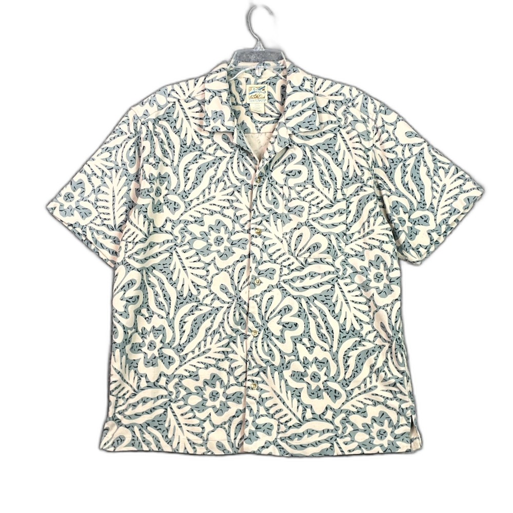 TravelSmith Camp Shirt Mens Large Floral Short Sleeve Hawaiian Side Slit Grunge
